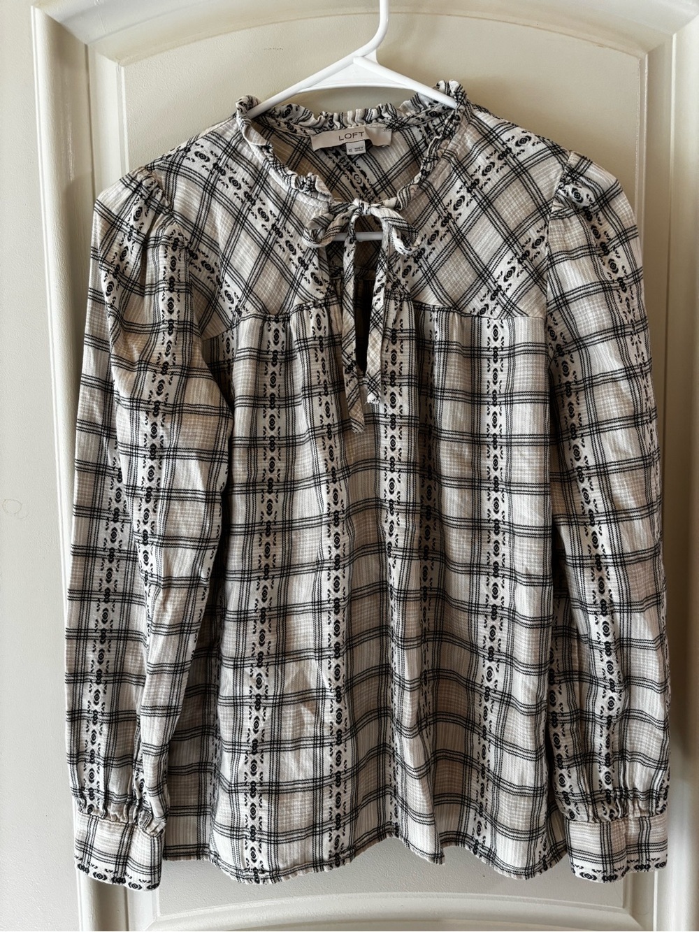 LOFT Black & White Plaid Tie-Neck Peasant Blouse Size XSmall